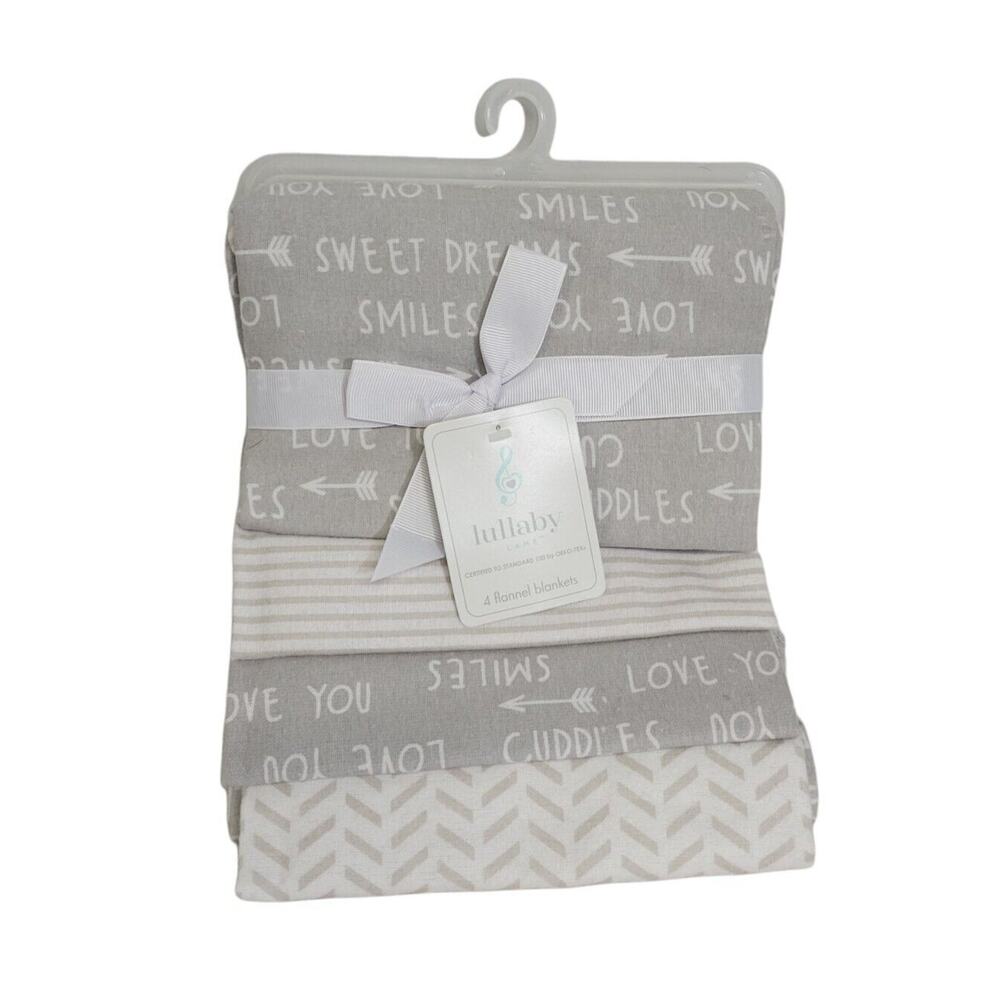 Lullaby Lane Set Of 4 Gray Patterned Cotton Flannel Receiving Baby Blankets New
